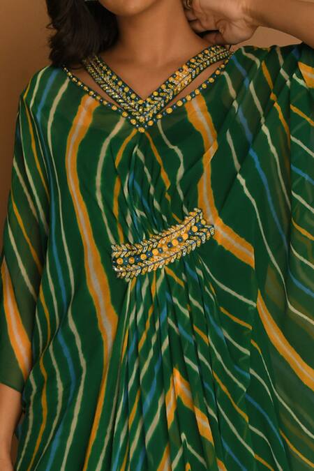 Shop K-Anshika Green Georgette V Neck Printed Kaftan Online at Aza Fashions Shop_K-Anshika_Green Georgette V Neck Printed Kaftan_Online_at_Aza_Fashions