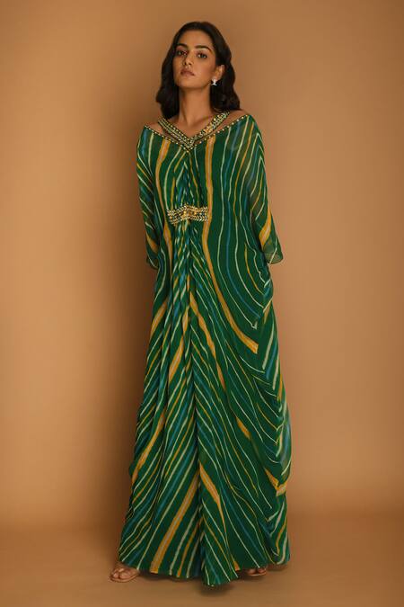 K-Anshika Green Georgette V Neck Printed Kaftan Online at Aza Fashions K-Anshika_Green Georgette V Neck Printed Kaftan_Online_at_Aza_Fashions