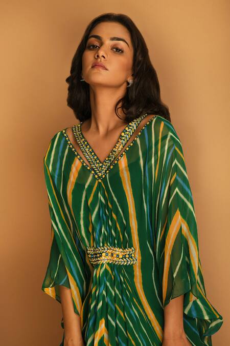 Buy K-Anshika Green Georgette V Neck Printed Kaftan Online at Aza Fashions Buy_K-Anshika_Green Georgette V Neck Printed Kaftan_Online_at_Aza_Fashions
