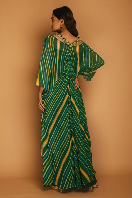 Shop K-Anshika Green Georgette V Neck Printed Kaftan at Aza Fashions Shop_K-Anshika_Green Georgette V Neck Printed Kaftan_at_Aza_Fashions