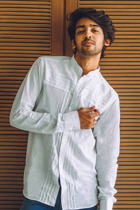 Buy_Runit Gupta_White Enzyme Washed Cotton Pintuck Shirt_Online_at_Aza_Fashions