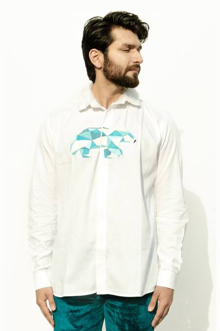 Shop_Runit Gupta_White Cotton Embroidered Shirt With Fur Collar_Online_at_Aza_Fashions