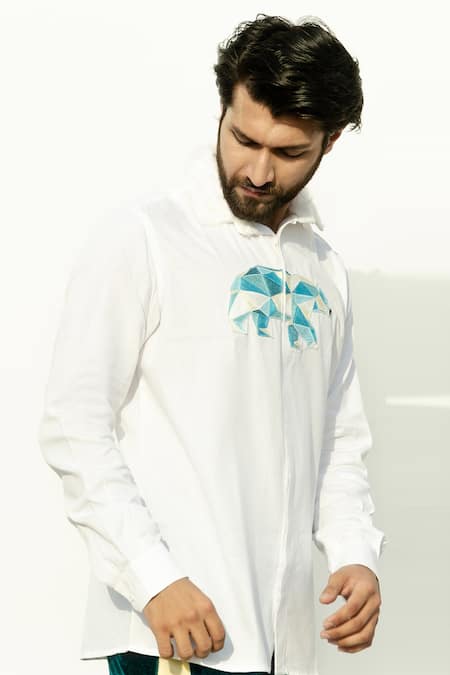 Runit Gupta_White Cotton Embroidered Shirt With Fur Collar_Online_at_Aza_Fashions