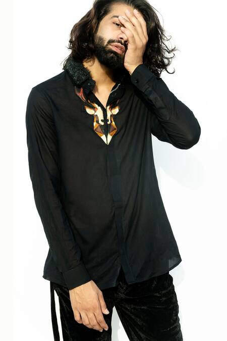 Runit Gupta Black Cotton Embroidered Shirt Online at Aza Fashions Runit Gupta_Black Cotton Embroidered Shirt _Online_at_Aza_Fashions