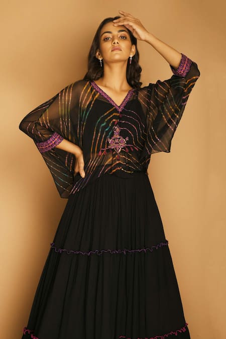 K-Anshika Black Georgette V Neck Printed Kaftan And Lehenga Set Online at Aza Fashions K-Anshika_Black Georgette V Neck Printed Kaftan And Lehenga Set_Online_at_Aza_Fashions