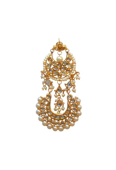 Just Shradhas Gold Plated Pearls, Zari Double Chand And Kundan Earrings Online at Aza Fashions Just Shradhas_Gold Plated Pearls, Zari Double Chand And Kundan Earrings _Online_at_Aza_Fashions