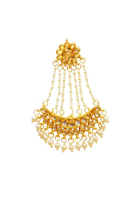 Shop Just Shradhas Gold Plated Pearls, Diamonds Kundan And Chand Earrings at Aza Fashions Shop_Just Shradhas_Gold Plated Pearls, Diamonds Kundan And Chand Earrings _at_Aza_Fashions