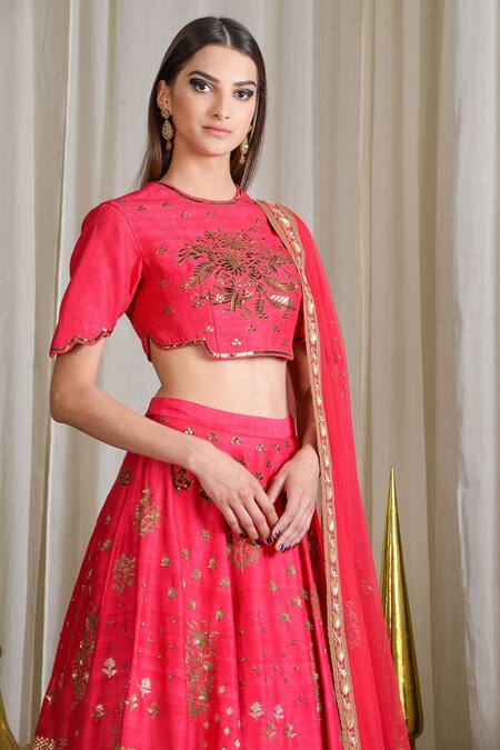 Sahil Kochhar_Pink Raw Silk Embellished Bead Crew Neck Bridal Lehenga Set _Online_at_Aza_Fashions