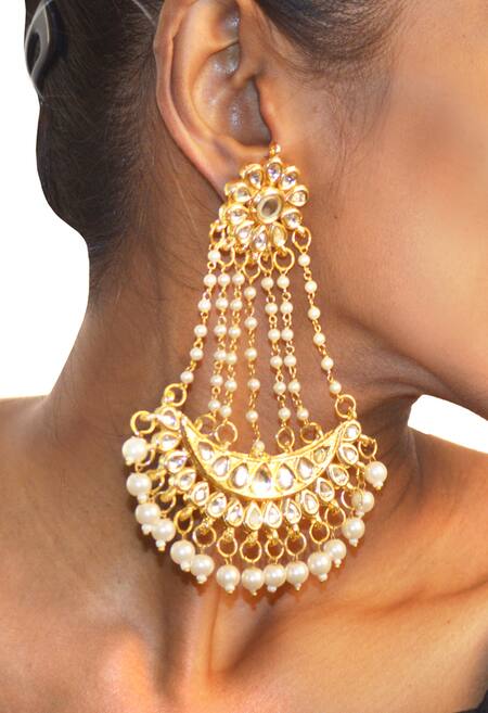 Just Shradhas Gold Plated Pearls, Diamonds Kundan And Chand Earrings Online at Aza Fashions Just Shradhas_Gold Plated Pearls, Diamonds Kundan And Chand Earrings _Online_at_Aza_Fashions