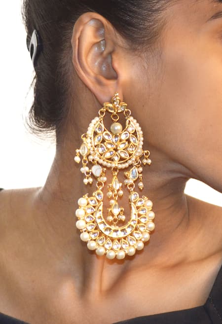 Shop Just Shradhas Gold Plated Pearls, Zari Double Chand And Kundan Earrings at Aza Fashions Shop_Just Shradhas_Gold Plated Pearls, Zari Double Chand And Kundan Earrings _at_Aza_Fashions