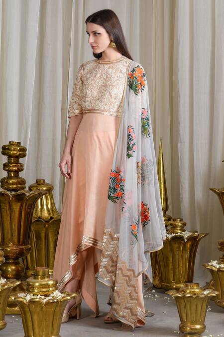 Sahil Kochhar Grey Peach Sky Asymmetrical Sequined Kurta Churidar Set For Women