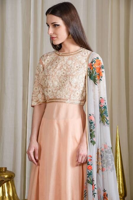 Sahil Kochhar_Grey Peach Sky Asymmetrical Sequined Kurta Churidar Set _Online_at_Aza_Fashions