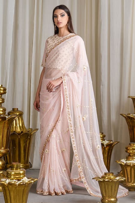 Sahil Kochhar Pink Cotton Twill Embroidered Cut Work Crew Neck Saree With Blouse 