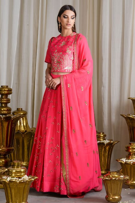 Sahil Kochhar Pink Dupion Silk Embellished Thread Work Crew Neck Lehenga Set  