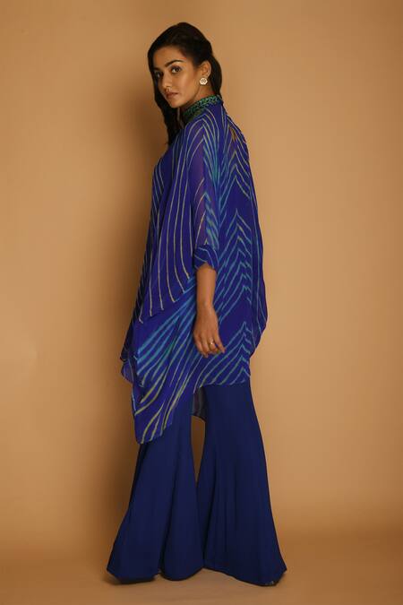 Shop K-Anshika Blue Georgette Mandarin Collar Printed Kaftan And Palazzo Set at Aza Fashions Shop_K-Anshika_Blue Georgette Mandarin Collar Printed Kaftan And Palazzo Set _at_Aza_Fashions