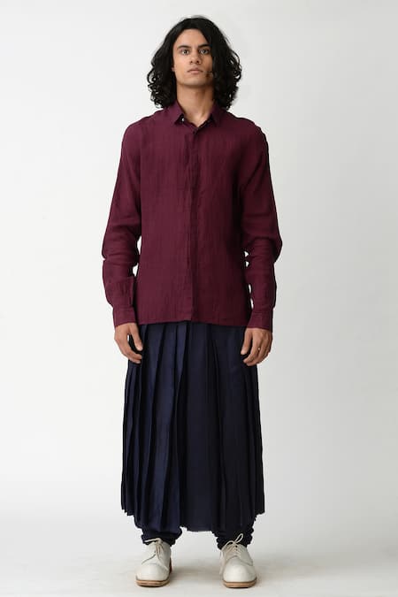 Rajesh Pratap Singh Maroon Handloom Linen Shirt Online at Aza Fashions Rajesh Pratap Singh_Maroon Handloom Linen Shirt _Online_at_Aza_Fashions