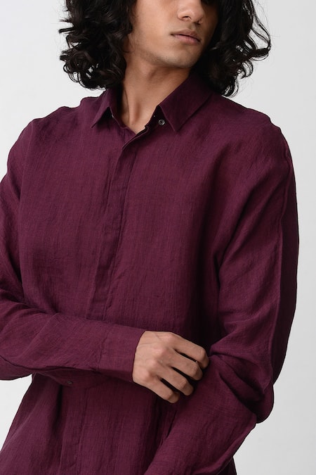 Shop Rajesh Pratap Singh Maroon Handloom Linen Shirt Online at Aza Fashions Shop_Rajesh Pratap Singh_Maroon Handloom Linen Shirt _Online_at_Aza_Fashions