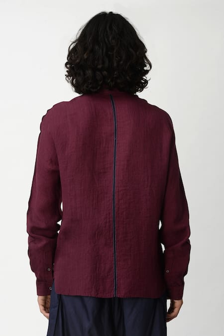 Shop Rajesh Pratap Singh Maroon Handloom Linen Shirt at Aza Fashions Shop_Rajesh Pratap Singh_Maroon Handloom Linen Shirt _at_Aza_Fashions