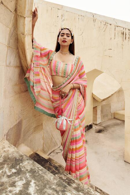 Multi-Color Stripes Pattern Digital Print Sequins Georgette Saree With –  Fabcurate