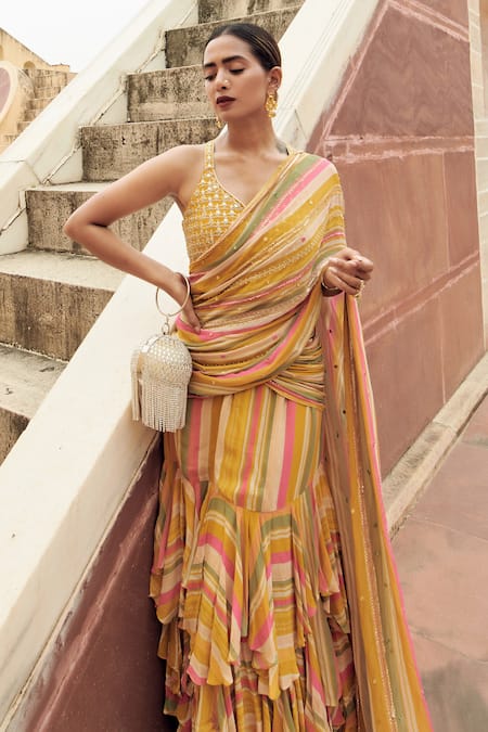 Paulmi And Harsh_Multi Color Georgette And Crepe Mirror, Sequin & Pre-draped Saree With Blouse_at_Aza_Fashions