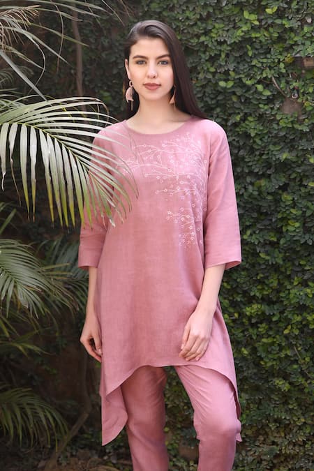 Linen Bloom Pink 100% Linen Round Embroidered Tunic 