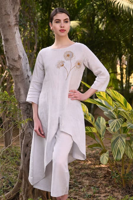 Linen Bloom Hand Embroidered Linen Asymmetric Kurta 