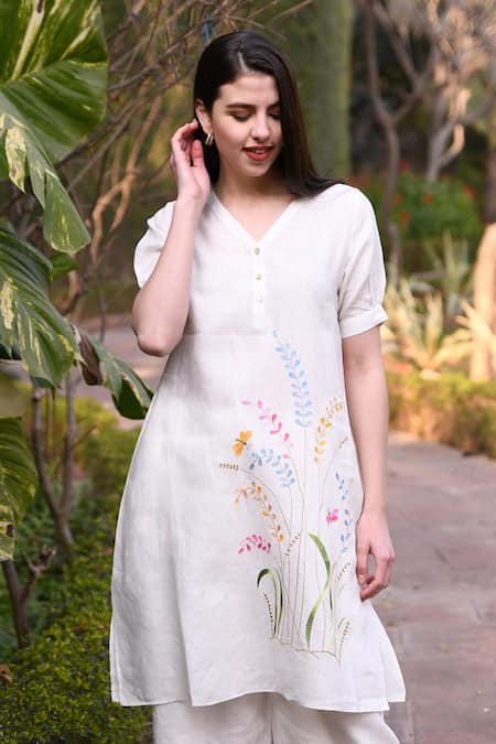 Linen Kurti With Floral Prints - Sheetal Collection