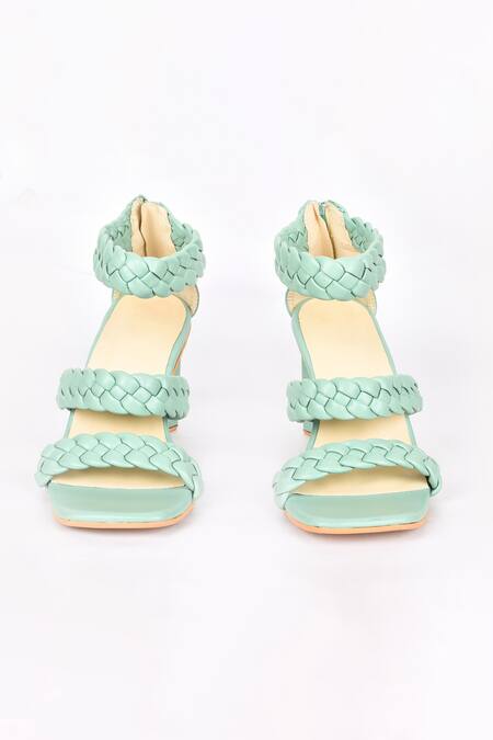 Shop Samyukta Singhania Green Braided Strap Block Heels at Aza Fashions Shop_Samyukta Singhania_Green Braided Strap Block Heels_at_Aza_Fashions