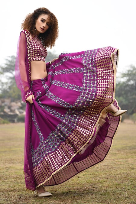 Shop Pooja Rajgarhia Gupta Purple Net, Georgette Halter Printed Lehenga Set at Aza Fashions Shop_Pooja Rajgarhia Gupta_Purple Net, Georgette Halter Printed Lehenga Set _at_Aza_Fashions