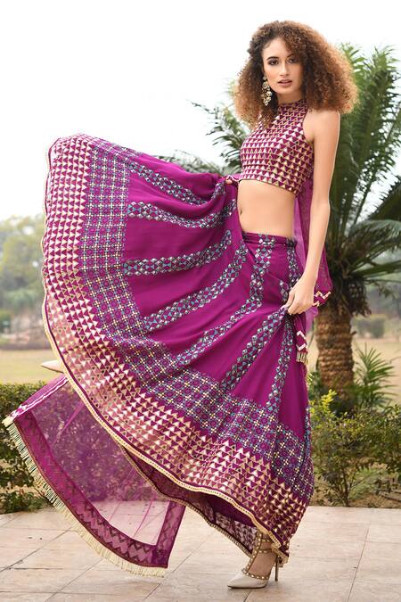 Buy Pooja Rajgarhia Gupta Purple Net, Georgette Halter Printed Lehenga Set Online at Aza Fashions Buy_Pooja Rajgarhia Gupta_Purple Net, Georgette Halter Printed Lehenga Set _Online_at_Aza_Fashions