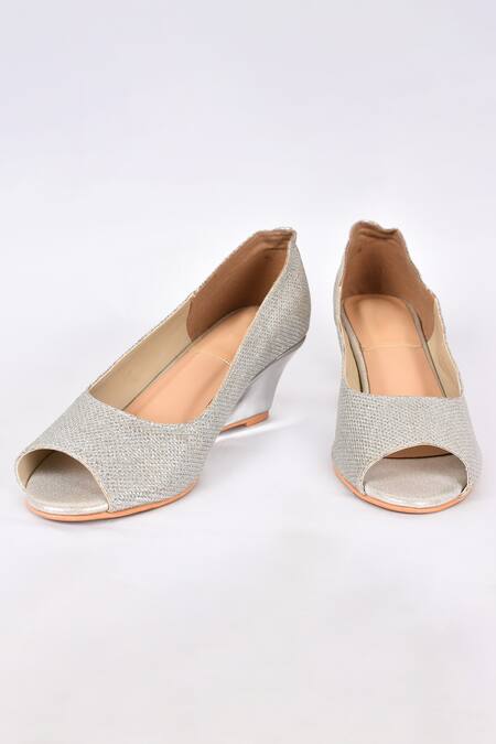 Samyukta Singhania_Silver Glitter Peep Toe Wedges_Online_at_Aza_Fashions