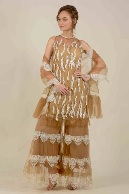 Shop_Rina Dhaka_Gold Net Embroidered Kurta Sharara Set_Online_at_Aza_Fashions