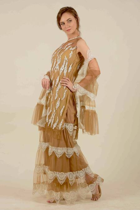 Buy_Rina Dhaka_Gold Net Embroidered Kurta Sharara Set_Online_at_Aza_Fashions