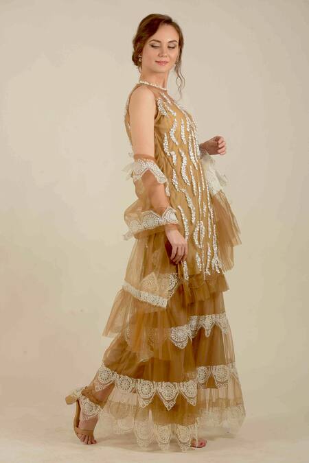 Rina Dhaka_Gold Net Embroidered Kurta Sharara Set_Online_at_Aza_Fashions