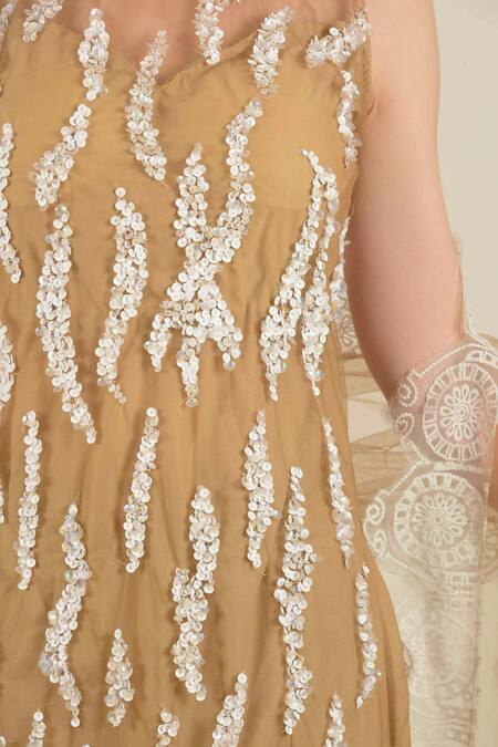 Rina Dhaka_Gold Net Embroidered Kurta Sharara Set_at_Aza_Fashions