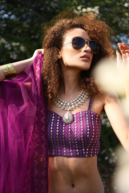 Buy_Pooja Rajgarhia Gupta_Purple Net, Georgette Sweetheart Neck Embroidered Lehenga Set _Online_at_Aza_Fashions