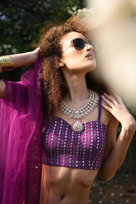 Pooja Rajgarhia Gupta_Purple Net, Georgette Sweetheart Neck Embroidered Lehenga Set _Online_at_Aza_Fashions