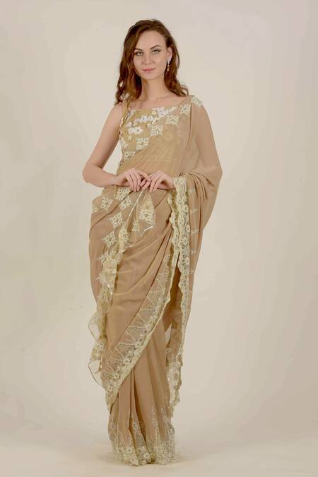 Rina Dhaka Beige Georgette Embroidered Saree With Blouse