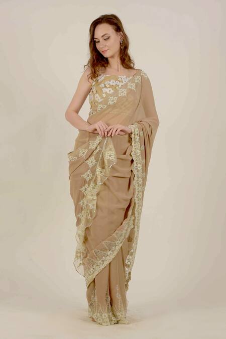 Buy_Rina Dhaka_Beige Georgette Embroidered Saree With Blouse_Online_at_Aza_Fashions