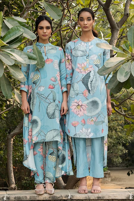 Buy_Divi By Sonal Khandelwal_Sky Blue Cotton Round Neck Nelumbo Printed Straight Fit Tunic And Pant Set _Online_at_Aza_Fashions