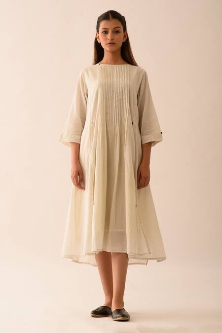 Shop JAYATI GOENKA White Handwoven Cotton Stripe Bardot Dress Online at Aza Fashions Shop_JAYATI GOENKA_White Handwoven Cotton Stripe Bardot Dress _Online_at_Aza_Fashions