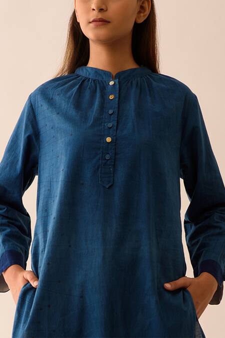 Buy JAYATI GOENKA Blue Upcycled Fabric Mandarin Collar Printed Kurta Online at Aza Fashions Buy_JAYATI GOENKA_Blue Upcycled Fabric Mandarin Collar Printed Kurta _Online_at_Aza_Fashions