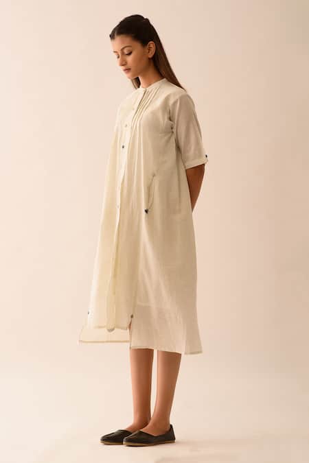 Buy JAYATI GOENKA White Handwoven Cotton Stripe Mandarin Collar Dress Online at Aza Fashions Buy_JAYATI GOENKA_White Handwoven Cotton Stripe Mandarin Collar Dress _Online_at_Aza_Fashions