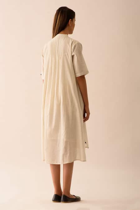 Shop JAYATI GOENKA White Handwoven Cotton Stripe Mandarin Collar Dress at Aza Fashions Shop_JAYATI GOENKA_White Handwoven Cotton Stripe Mandarin Collar Dress _at_Aza_Fashions