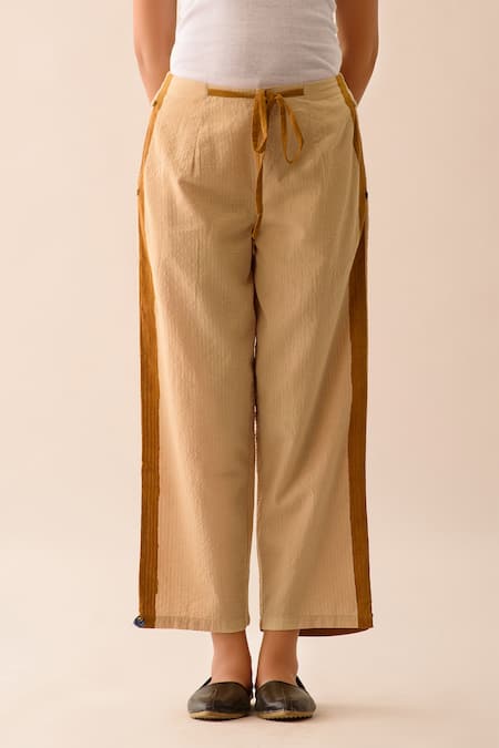 Shop JAYATI GOENKA Beige Upcycled Seersucker Hand Painted Pant at Aza Fashions Shop_JAYATI GOENKA_Beige Upcycled Seersucker Hand Painted Pant _at_Aza_Fashions