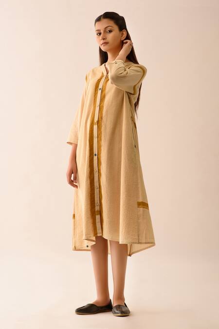 Buy JAYATI GOENKA Beige Upcycled Seersucker V Neck Hand Painted Dress Online at Aza Fashions Buy_JAYATI GOENKA_Beige Upcycled Seersucker V Neck Hand Painted Dress _Online_at_Aza_Fashions