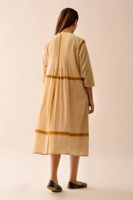 Shop JAYATI GOENKA Beige Upcycled Seersucker V Neck Hand Painted Dress at Aza Fashions Shop_JAYATI GOENKA_Beige Upcycled Seersucker V Neck Hand Painted Dress _at_Aza_Fashions