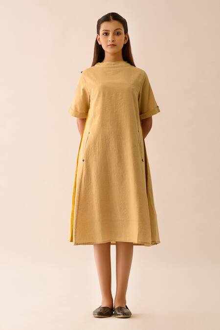 Shop JAYATI GOENKA Beige Upcycled Seersucker Bardot Hand Painted Dress Online at Aza Fashions Shop_JAYATI GOENKA_Beige Upcycled Seersucker Bardot Hand Painted Dress _Online_at_Aza_Fashions