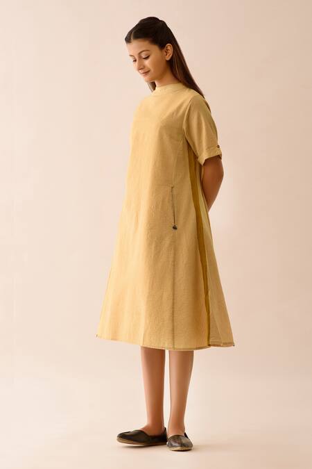 Buy JAYATI GOENKA Beige Upcycled Seersucker Bardot Hand Painted Dress Online at Aza Fashions Buy_JAYATI GOENKA_Beige Upcycled Seersucker Bardot Hand Painted Dress _Online_at_Aza_Fashions