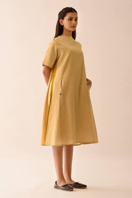 JAYATI GOENKA Beige Upcycled Seersucker Bardot Hand Painted Dress Online at Aza Fashions JAYATI GOENKA_Beige Upcycled Seersucker Bardot Hand Painted Dress _Online_at_Aza_Fashions